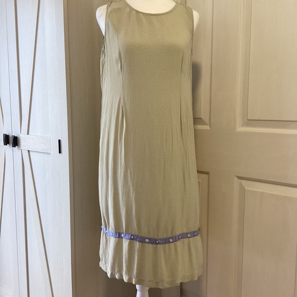 April Cornell light green Midi Dress with Lavender Trim Sz S